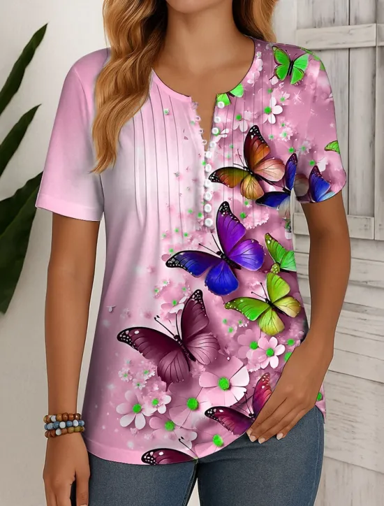 Best Women's T Shirt Ombre Floral Graphic Vintage Stylish Classic Short Sleeve Round Neck Regular Tops Daily Weekend Beach Wear Buttons Smocked Print Red Purple Green Summer Spring Women T-Shirts