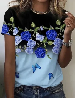 New Women's T Shirt Ombre Floral Graphic Vintage Stylish Classic Short Sleeve Crew Neck Round Neck Regular Tops Daily Print Pink Blue Orange Summer Women T-Shirts