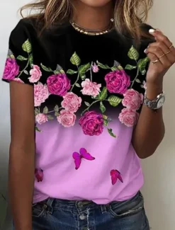 New Women's T Shirt Ombre Floral Graphic Vintage Stylish Classic Short Sleeve Crew Neck Round Neck Regular Tops Daily Print Pink Blue Orange Summer Women T-Shirts