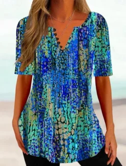 Women's T Shirt Ombre Floral Basic Short Sleeve Round Neck Regular Tops Daily Going out Weekend Buttons Print Blue Purple Fuchsia Summer Spring Women T-Shirts