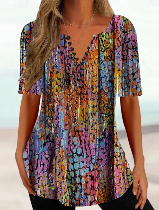 Women's T Shirt Ombre Floral Basic Short Sleeve Round Neck Regular Tops Daily Going out Weekend Buttons Print Blue Purple Fuchsia Summer Spring Women T-Shirts