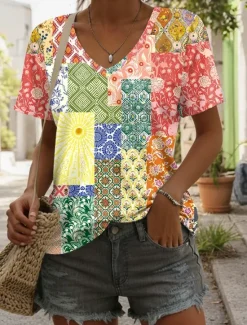 New Women's T Shirt Ombre Floral Graphic Casual Short Sleeve V Neck Regular Tops Daily Print Yellow Red Blue Summer Spring Women Boho Tops