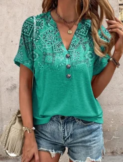 Online Women's T Shirt Ombre Graphic Geometric Casual Short Sleeve V Neck Regular Tops Daily Print Red Purple Green Summer Women Boho Tops