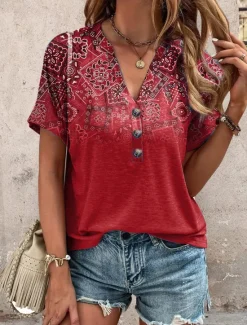 Online Women's T Shirt Ombre Graphic Geometric Casual Short Sleeve V Neck Regular Tops Daily Print Red Purple Green Summer Women Boho Tops
