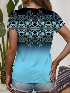 Women's T Shirt Ombre Graphic Geometric Vintage Stylish Casual Short Sleeve V Neck Regular Tops Daily Print Blue Purple Green Summer Spring Women Boho Tops