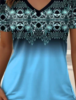 Women's T Shirt Ombre Graphic Geometric Vintage Stylish Casual Short Sleeve V Neck Regular Tops Daily Print Blue Purple Green Summer Spring Women Boho Tops