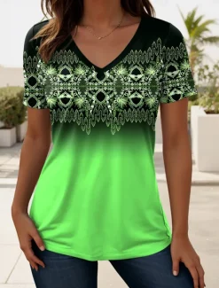 Women's T Shirt Ombre Graphic Geometric Vintage Stylish Casual Short Sleeve V Neck Regular Tops Daily Print Blue Purple Green Summer Spring Women Boho Tops