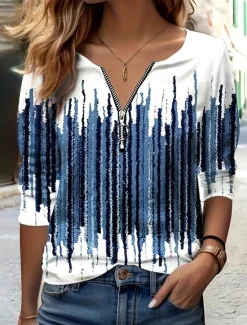 Hot Women's T Shirt Ombre Graphic Striped Elegant Vintage Stylish Long Sleeve V Neck Round Neck Notched Neck Regular Tops Daily Weekend Zipper Print Blue Fuchsia Green Spring Fall Winter Women T-Shirts