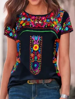 Sale Women's T Shirt Peasant Blouse Floral Bohemia Active Western Short Sleeve Crew Neck Regular Tops Daily Print Black Wine Blue Gray Summer Women Boho Tops