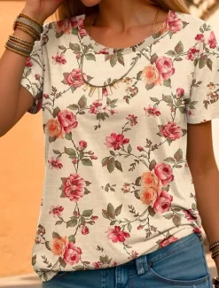 Women's T Shirt Petite Summer Tops Floral Graphic Elegant Bohemia Vintage Short Sleeve Butterfly Sleeve Crew Neck Regular Tops Daily Going out Weekend Print Summer Women Spring Tops