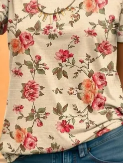 Women's T Shirt Petite Summer Tops Floral Graphic Elegant Bohemia Vintage Short Sleeve Butterfly Sleeve Crew Neck Regular Tops Daily Going out Weekend Print Summer Women Spring Tops