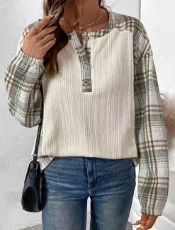 Sale Women's T Shirt Plaid Fashion Modern Casual Long Sleeve Crew Neck Regular Tops Daily Weekend Patchwork Buttons Print Fall Winter Women T-Shirts
