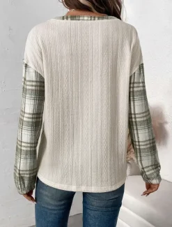 Sale Women's T Shirt Plaid Fashion Modern Casual Long Sleeve Crew Neck Regular Tops Daily Weekend Patchwork Buttons Print Fall Winter Women T-Shirts