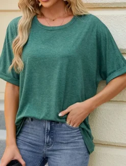 Online Women's T Shirt Plain Basic Casual Short Sleeve Crew Neck Regular Tops Daily Weekend Green Khaki Summer Spring Women T-Shirts