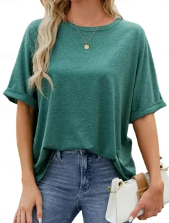 Online Women's T Shirt Plain Basic Casual Short Sleeve Crew Neck Regular Tops Daily Weekend Green Khaki Summer Spring Women T-Shirts