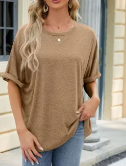 Online Women's T Shirt Plain Basic Casual Short Sleeve Crew Neck Regular Tops Daily Weekend Green Khaki Summer Spring Women T-Shirts