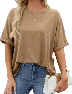 Online Women's T Shirt Plain Basic Casual Short Sleeve Crew Neck Regular Tops Daily Weekend Green Khaki Summer Spring Women T-Shirts