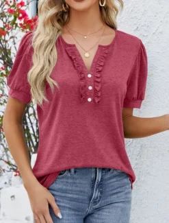 Clearance Women's T Shirt Plain Basic Casual Short Sleeve V Neck Regular Tops Daily Weekend Ruffle Buttons Wine Green Summer Women T-Shirts