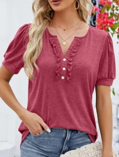 Clearance Women's T Shirt Plain Basic Casual Short Sleeve V Neck Regular Tops Daily Weekend Ruffle Buttons Wine Green Summer Women T-Shirts