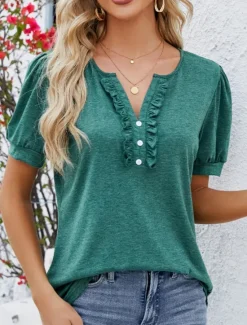 Clearance Women's T Shirt Plain Basic Casual Short Sleeve V Neck Regular Tops Daily Weekend Ruffle Buttons Wine Green Summer Women T-Shirts