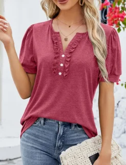 Clearance Women's T Shirt Plain Basic Casual Short Sleeve V Neck Regular Tops Daily Weekend Ruffle Buttons Wine Green Summer Women T-Shirts