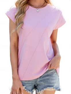 Outlet Women's T Shirt Plain Basic Casual Short Sleeve Crew Neck Regular Tops Daily Weekend White Pink Wine Purple Summer Spring Women T-Shirts