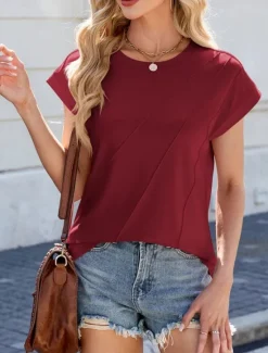 Outlet Women's T Shirt Plain Basic Casual Short Sleeve Crew Neck Regular Tops Daily Weekend White Pink Wine Purple Summer Spring Women T-Shirts
