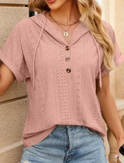 Outlet Women's T Shirt Plain Basic Casual Short Sleeve V Neck Regular Tops Daily Weekend Buttons Eyelet Black White Pink Rose Pink Summer Women T-Shirts