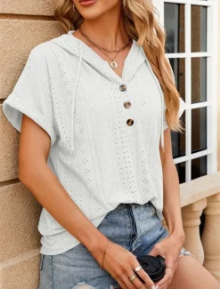 Outlet Women's T Shirt Plain Basic Casual Short Sleeve V Neck Regular Tops Daily Weekend Buttons Eyelet Black White Pink Rose Pink Summer Women T-Shirts