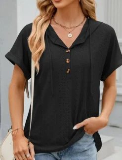Outlet Women's T Shirt Plain Basic Casual Short Sleeve V Neck Regular Tops Daily Weekend Buttons Eyelet Black White Pink Rose Pink Summer Women T-Shirts