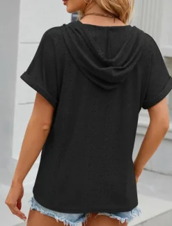 Outlet Women's T Shirt Plain Basic Casual Short Sleeve V Neck Regular Tops Daily Weekend Buttons Eyelet Black White Pink Rose Pink Summer Women T-Shirts