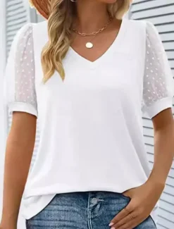 Hot Women's T Shirt Plain Fashion Modern Casual Short Sleeve V Neck Regular Tops Daily Weekend Lace Patchwork Black White Summer Spring Women Lace Tops