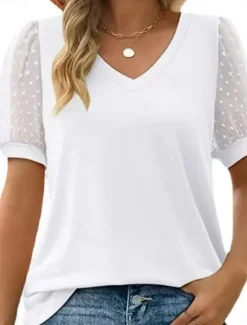 Hot Women's T Shirt Plain Fashion Modern Casual Short Sleeve V Neck Regular Tops Daily Weekend Lace Patchwork Black White Summer Spring Women Lace Tops