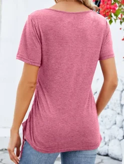 Clearance Women's T Shirt Plain Fashion Modern Casual Short Sleeve Square Neck Regular Tops Daily Weekend Buttons Black Pink Wine Summer Women T-Shirts