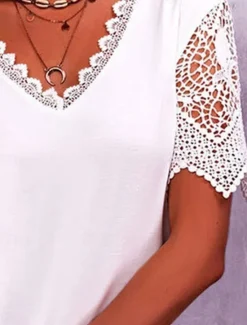 Discount Women's T Shirt Plain Fashion Modern Casual Short Sleeve V Neck Regular Tops Daily Going out Weekend Lace Patchwork Eyelet White Pink Purple Light Blue Summer Spring Women Lace Tops