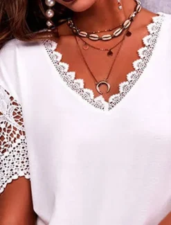 Discount Women's T Shirt Plain Fashion Modern Casual Short Sleeve V Neck Regular Tops Daily Going out Weekend Lace Patchwork Eyelet White Pink Purple Light Blue Summer Spring Women Lace Tops