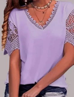 Discount Women's T Shirt Plain Fashion Modern Casual Short Sleeve V Neck Regular Tops Daily Going out Weekend Lace Patchwork Eyelet White Pink Purple Light Blue Summer Spring Women Lace Tops