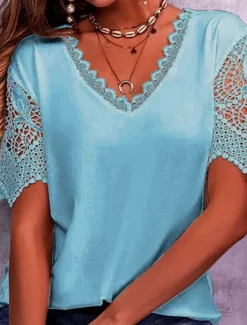 Discount Women's T Shirt Plain Fashion Modern Casual Short Sleeve V Neck Regular Tops Daily Going out Weekend Lace Patchwork Eyelet White Pink Purple Light Blue Summer Spring Women Lace Tops