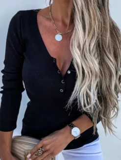Hot Women's T Shirt Plain Fashion Stylish Basic Long Sleeve Crew Neck Regular Tops Daily Weekend Buttons Black White Green Khaki Summer Women T-Shirts
