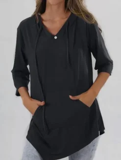 Discount Women's T Shirt Plain Fashion Modern Casual Long Sleeve V Neck Regular Tops Daily Weekend Patchwork Black Red Navy Blue Fall Winter Women Hoodies & Sweatshirts
