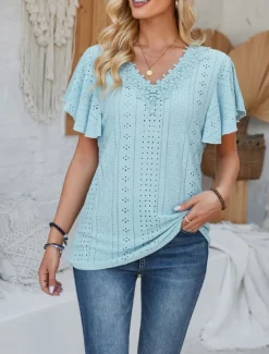 Discount Women's T Shirt Plain Fashion Modern Casual Short Sleeve V Neck Regular Tops Daily Going out Weekend Ruffle White Pink Blue Purple Summer Spring Women T-Shirts