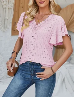 Discount Women's T Shirt Plain Fashion Modern Casual Short Sleeve V Neck Regular Tops Daily Going out Weekend Ruffle White Pink Blue Purple Summer Spring Women T-Shirts