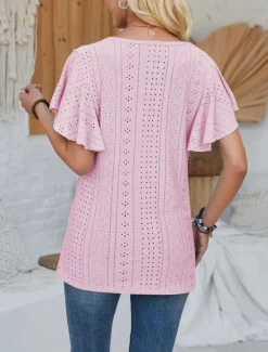 Discount Women's T Shirt Plain Fashion Modern Casual Short Sleeve V Neck Regular Tops Daily Going out Weekend Ruffle White Pink Blue Purple Summer Spring Women T-Shirts