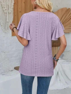 Discount Women's T Shirt Plain Fashion Modern Casual Short Sleeve V Neck Regular Tops Daily Going out Weekend Ruffle White Pink Blue Purple Summer Spring Women T-Shirts