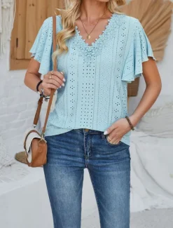 Discount Women's T Shirt Plain Fashion Modern Casual Short Sleeve V Neck Regular Tops Daily Going out Weekend Ruffle White Pink Blue Purple Summer Spring Women T-Shirts