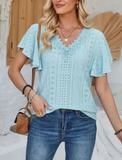 Discount Women's T Shirt Plain Fashion Modern Casual Short Sleeve V Neck Regular Tops Daily Going out Weekend Ruffle White Pink Blue Purple Summer Spring Women T-Shirts