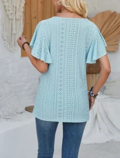 Discount Women's T Shirt Plain Fashion Modern Casual Short Sleeve V Neck Regular Tops Daily Going out Weekend Ruffle White Pink Blue Purple Summer Spring Women T-Shirts