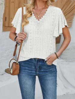 Discount Women's T Shirt Plain Fashion Modern Casual Short Sleeve V Neck Regular Tops Daily Going out Weekend Ruffle White Pink Blue Purple Summer Spring Women T-Shirts