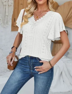 Discount Women's T Shirt Plain Fashion Modern Casual Short Sleeve V Neck Regular Tops Daily Going out Weekend Ruffle White Pink Blue Purple Summer Spring Women T-Shirts