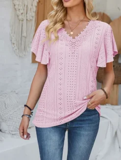 Discount Women's T Shirt Plain Fashion Modern Casual Short Sleeve V Neck Regular Tops Daily Going out Weekend Ruffle White Pink Blue Purple Summer Spring Women T-Shirts